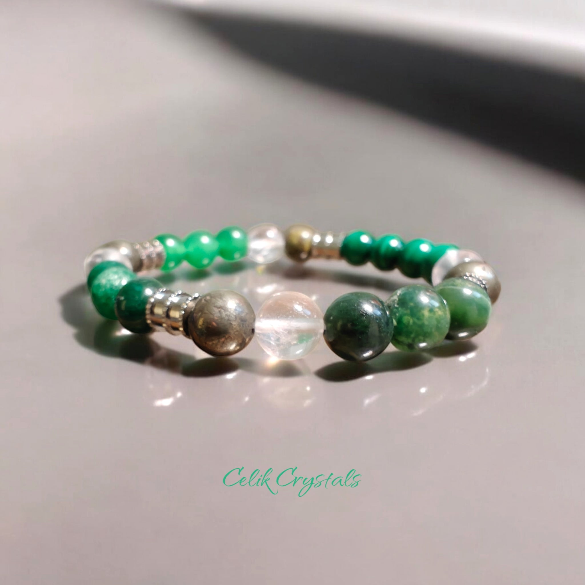 Abundance Bracelet - Malachite, Jade, Green Aventurine, Emerald, Pyrite and Clear Quartz 8mm Unisex