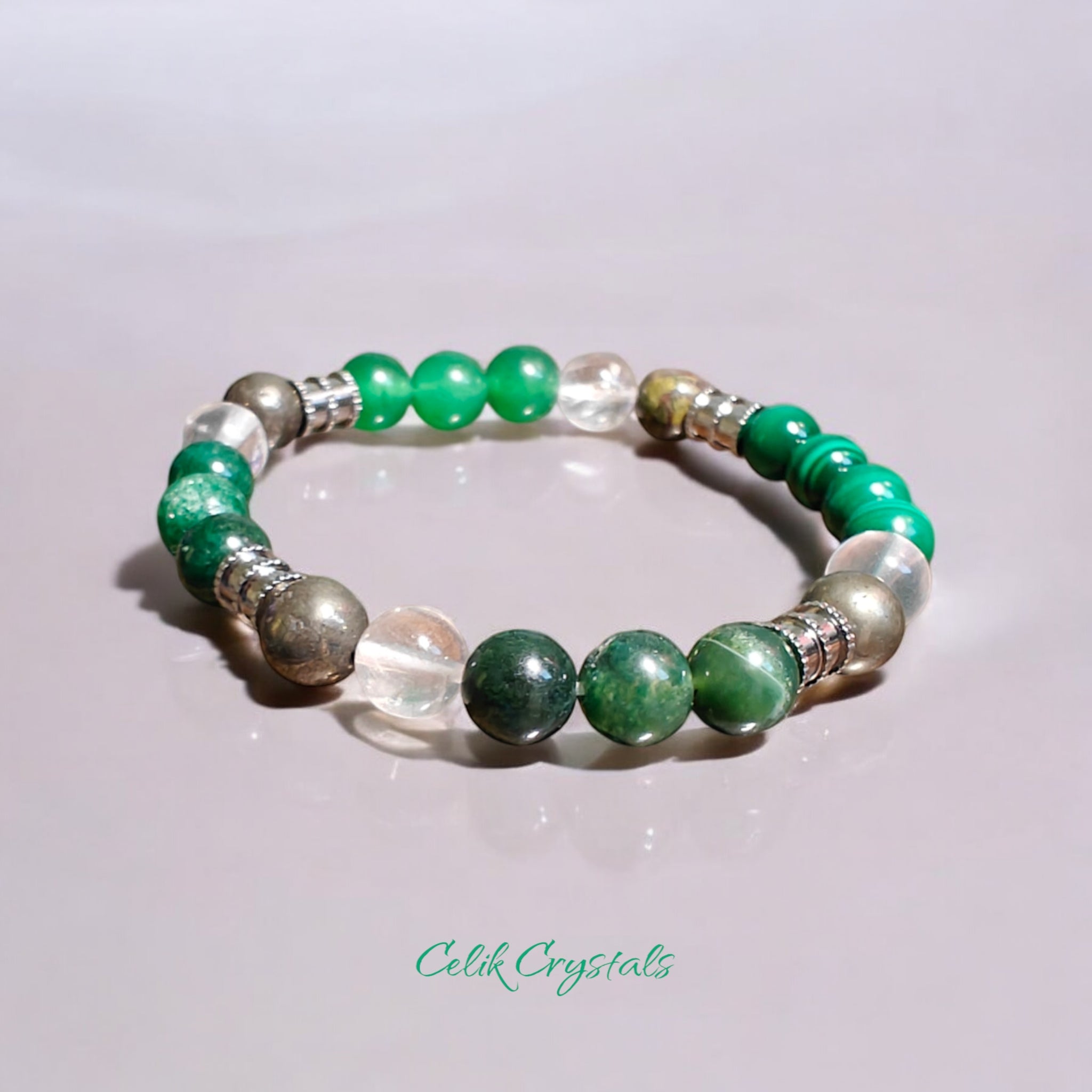 Abundance Bracelet - Malachite, Jade, Green Aventurine, Emerald, Pyrite and Clear Quartz 8mm Unisex