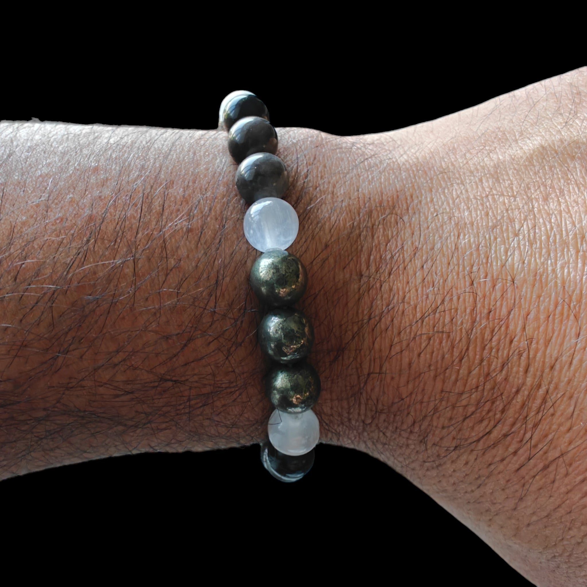 Pyrite, Silver Obsidian, Selenite Bracelet 8mm Unisex