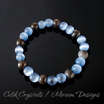 Silver Obsidian & Blue Cat Eye Bracelet 8mm Unisex