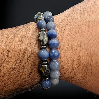 Blue Aventurine & Hematite Men's Bracelet Stack 2 Piece