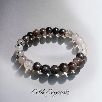 Tourmaline Quartz and Obsidian Stretch Crystal Bracelet 