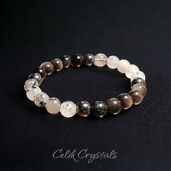 Tourmaline Quartz and Obsidian Stretch Crystal Bracelet 