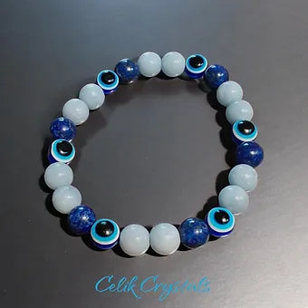 Evil Eye Bracelet With Lapis Lazuli & Angelite 8mm Unisex