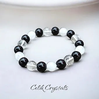 White, Clear Quartz and Onyx Bracelet 10mm Unisex