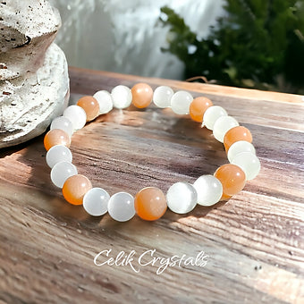 Sunstone & White Cat Eye Bracelet 8mm Unisex