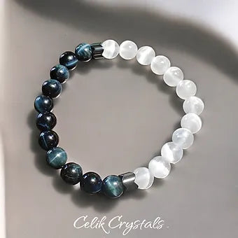 Blue Tiger Eye and Selenite Bracelet 8mm Natural Stones 