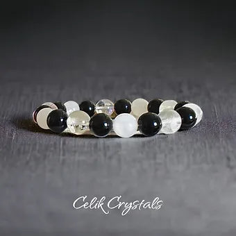 White, Clear Quartz and Onyx Bracelet 10mm Unisex