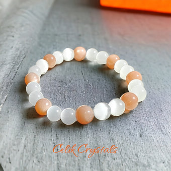 Sunstone & White Cat Eye Bracelet 8mm Unisex