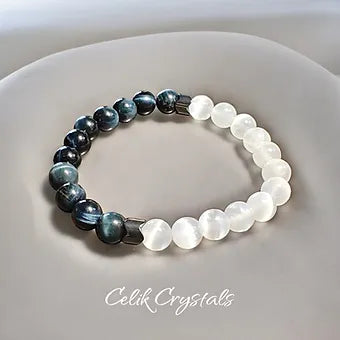 Blue Tiger Eye and Selenite Bracelet 8mm Natural Stones 