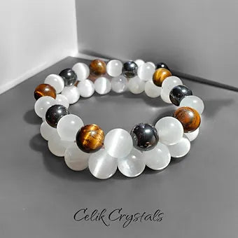 Selenite Bracelet Stack With Tiger Eye