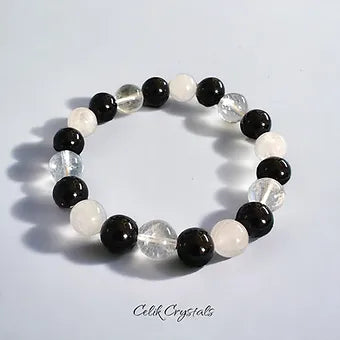 White, Clear Quartz and Onyx Bracelet 10mm Unisex