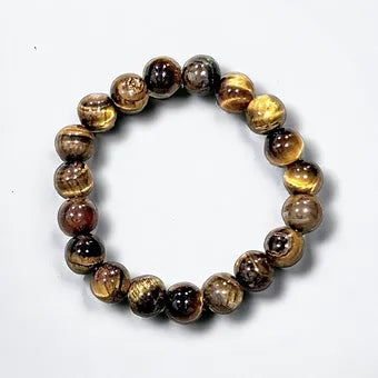 Tiger Jade Stack Bracelets - 10mm Tiger Eye & Coral Jade Unisex Bracelet Stack