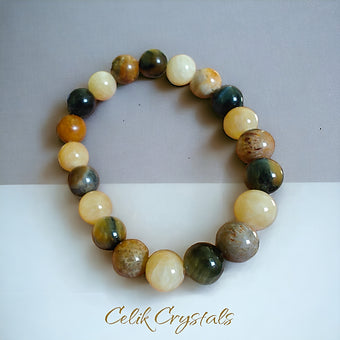 Golden Blue Tiger Eye Bracelet, Coral Jade, Honey Calcite