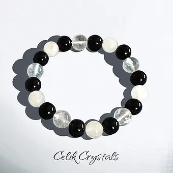 White, Clear Quartz and Onyx Bracelet 10mm Unisex