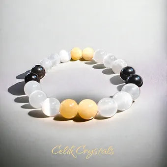 Selenite, Honey Calcite, Obsidian Bracelet