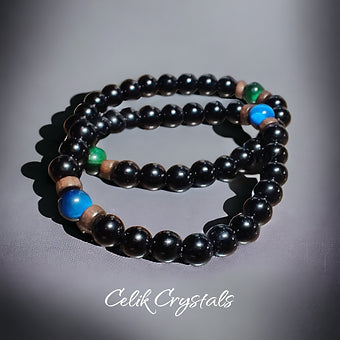 Green & Blue Tiger Eye & Obsidian Bracelet Stack Unisex