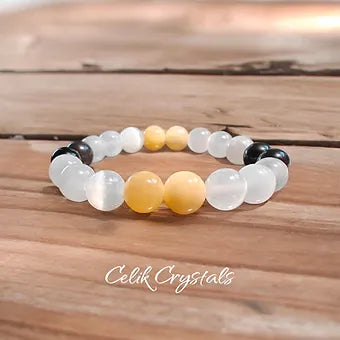 Selenite, Honey Calcite, Obsidian Bracelet