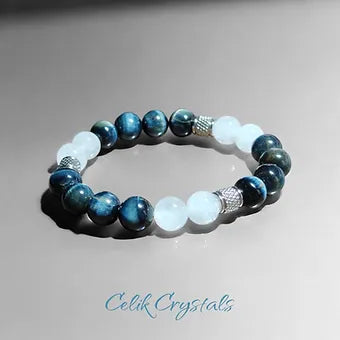 Blue Tiger Eye Bracelet with White Quartz & Stainless Steel Spacers