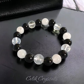 White, Clear Quartz and Onyx Bracelet 10mm Unisex