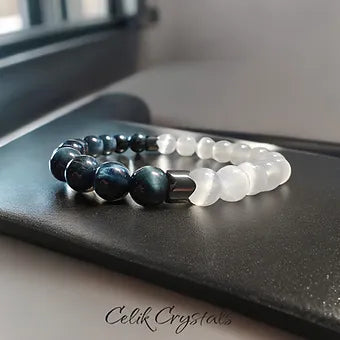 Blue Tiger Eye and Selenite Bracelet 8mm Natural Stones 