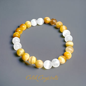 Tiger Eye and Selenite Bracelet 8mm Natural Stones Stretches 