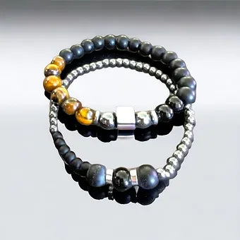 Natural Tiger Eye & Hematite Stack Men's Bracelet - 8 & 6mm Combo