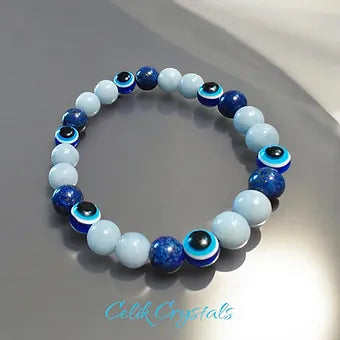 Evil Eye Bracelet With Lapis Lazuli & Angelite 8mm Unisex