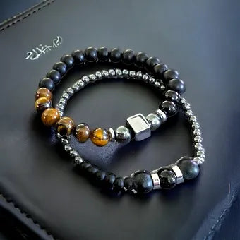 Natural Tiger Eye & Hematite Stack Men's Bracelet - 8 & 6mm Combo