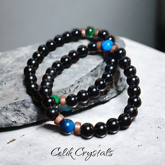 Green & Blue Tiger Eye & Obsidian Bracelet Stack Unisex