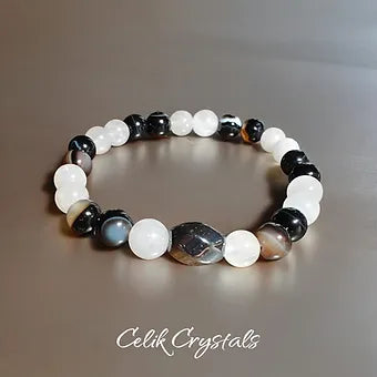 White Quartz, Black Agate Bracelet Unisex