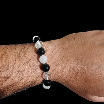 White, Clear Quartz and Onyx Bracelet 10mm Unisex