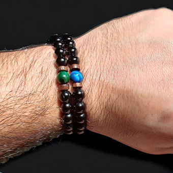 Green & Blue Tiger Eye & Obsidian Bracelet Stack Unisex