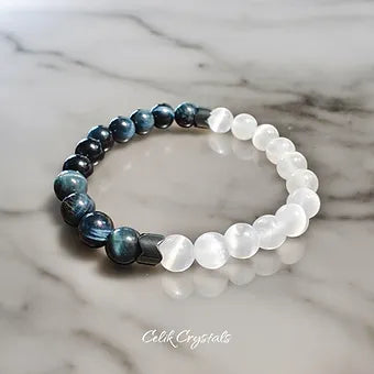 Blue Tiger Eye Selenite Bracelet 8mm Unisex