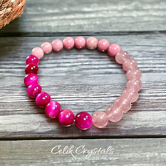 Strawberry Quartz, Rhodonite & Rose Red Tiger Eye Bracelet