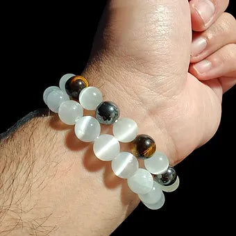 Selenite Bracelet Stack With Tiger Eye