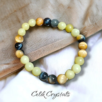 Tiger Eye and Lemon Jade Bracelet Natural Stones 8mm Stretches 