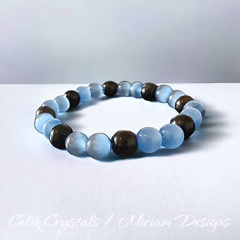 Silver Obsidian & Blue Cat Eye Bracelet 8mm Unisex