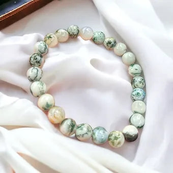 Tree Agate Bracelet - 8mm Crystals - Unisex