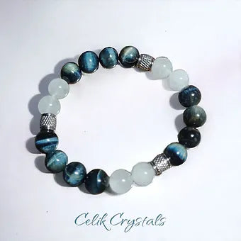 Blue Tiger Eye Bracelet with White Quartz & Stainless Steel Spacers