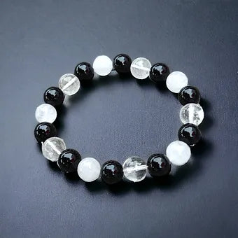 White, Clear Quartz and Onyx Bracelet 10mm Unisex