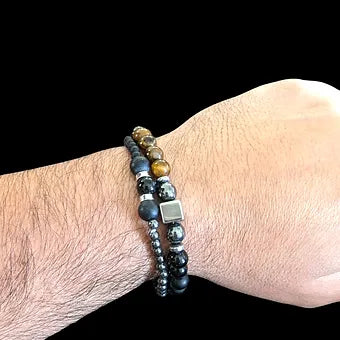 Natural Tiger Eye & Hematite Stack Men's Bracelet - 8 & 6mm Combo