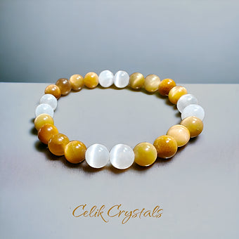 Tiger Eye and Selenite Bracelet 8mm Natural Stones Stretches 