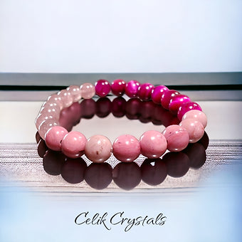 Strawberry Quartz, Rhodonite & Rose Red Tiger Eye Bracelet