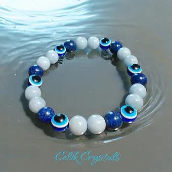 Evil Eye Bracelet With Lapis Lazuli & Angelite 8mm Unisex