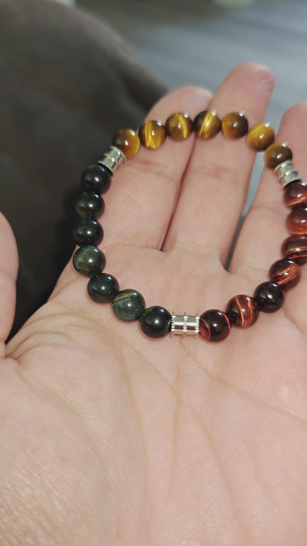 Tiger Eye Bracelet with Red, Blue And Golden Colors Natural Stones with Silver Stainless Steel Spacers Stretches Unisex Healing Bracelet 8mm Beads 