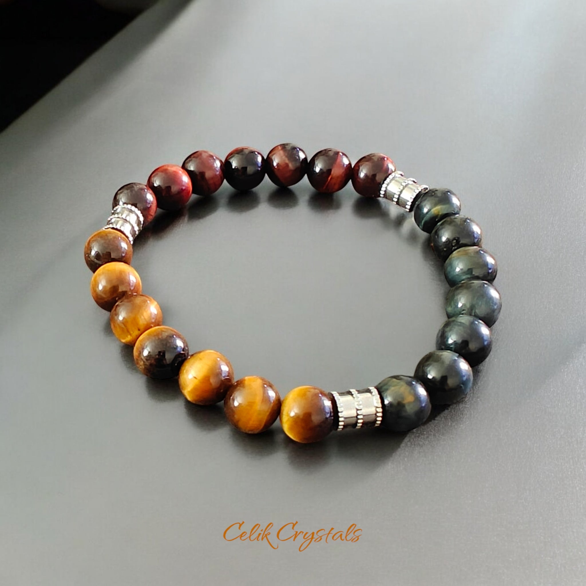 Tiger Eye Bracelet with Red, Blue And Golden Colors Natural Stones with Silver Stainless Steel Spacers Stretches Unisex Healing Bracelet 8mm Beads 