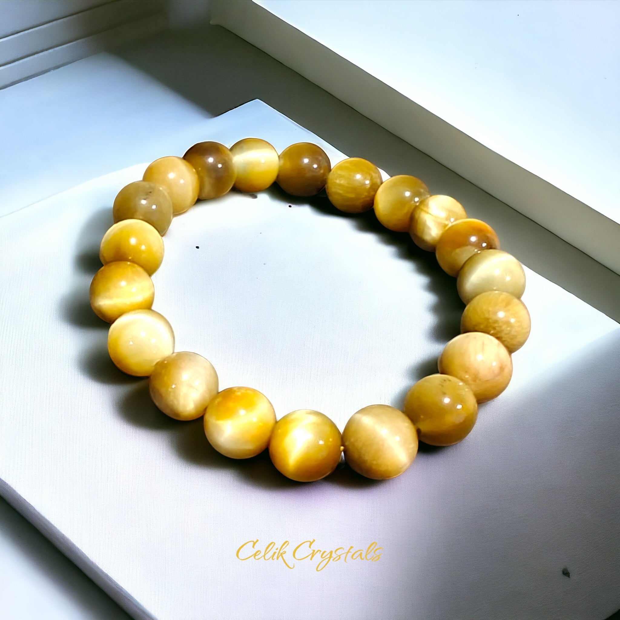 Yellow Tiger's Eye Bracelet Natural Stones Stretch Crystal Bead Bracelet 