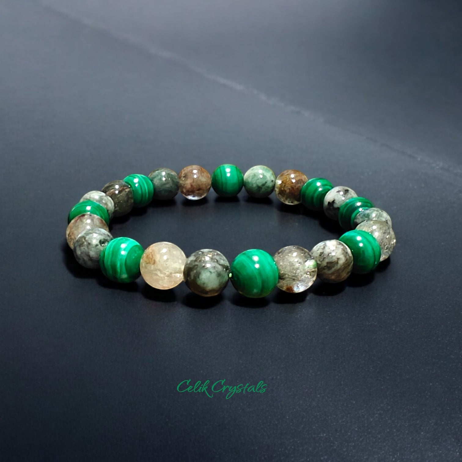 Malachite Bracelet with Green Pyrite and Garden Quartz 8mm Unisex Natural Stones Handmade Stretch Bead Bracelet 