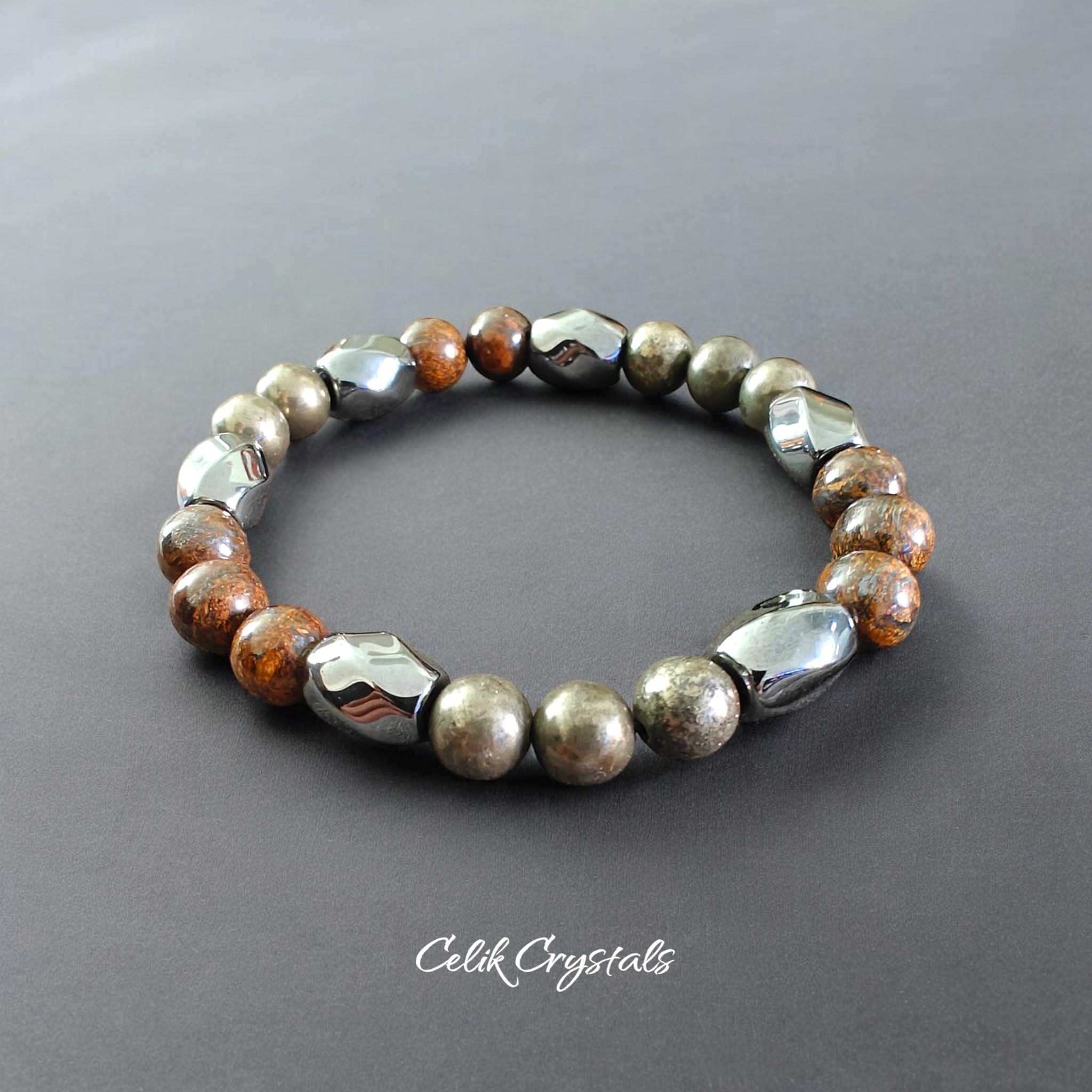 Bronzite Hematite and Pyrite Bracelet Natural Stones 8mm Stretches 